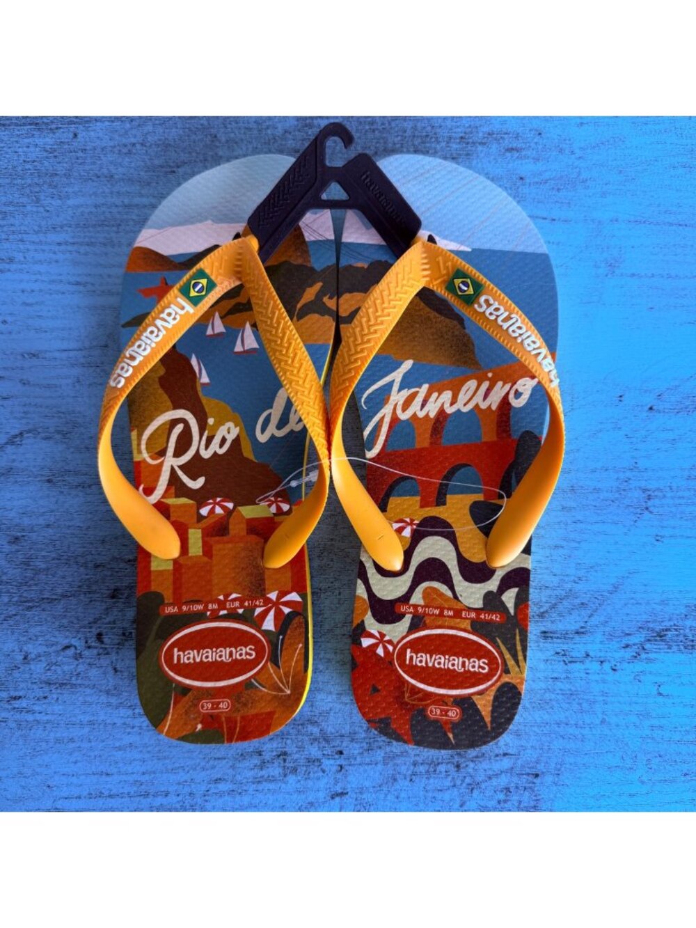 Havaianas Rio De Janeiro Print Flip Flops Size 39-40 Orange & Multicolor NWOT